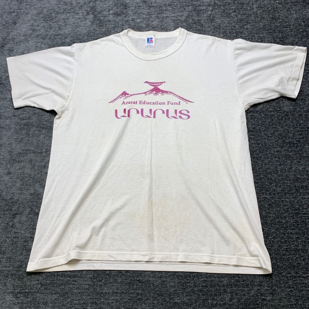 VTG Russell Athletic Ararat Education Fund Uranus T Shirt Mens L White Cotton